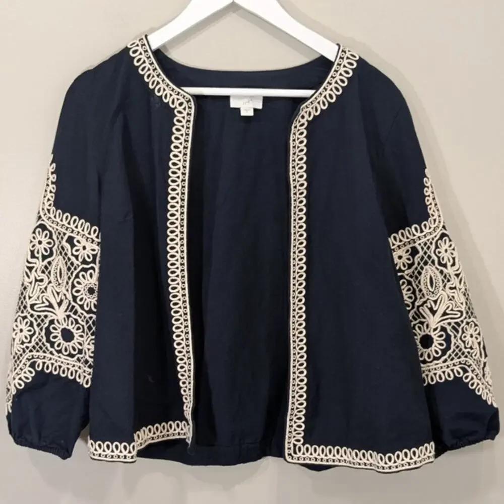 J Jill Linen Jacket Navy Cream Crochet Embroidery Boxy Boho Lagenlook Cardigan S